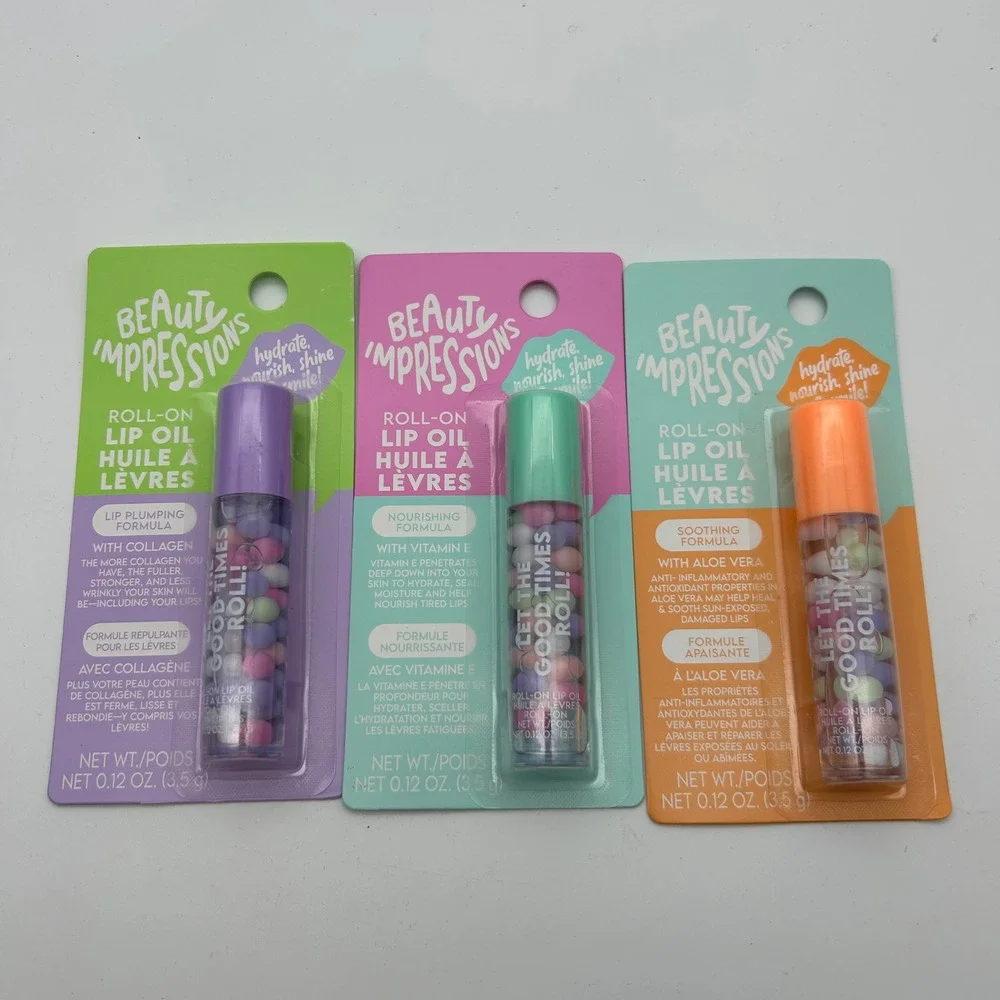 Beauty Impressions Roll-On‎ Lip Oil Set 3pk Collagen Vitamin E Aloe Vera New